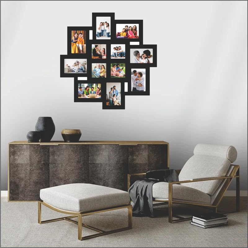 Picrazee Wooden Multiple Images Collage Photo Frame For Wall Decor (12 Photographs, Black Glitter, Size- 23.5* X 23.5* Inch), Re